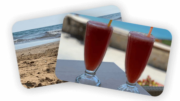 Bilderreihe mit Ausschnitt Sandstrand und zwei Cocktailgläsern